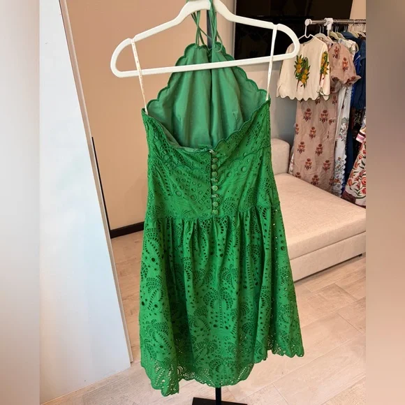 Farm Rio: Green Palm Tree Eyelet Halter Neck Midi Dress